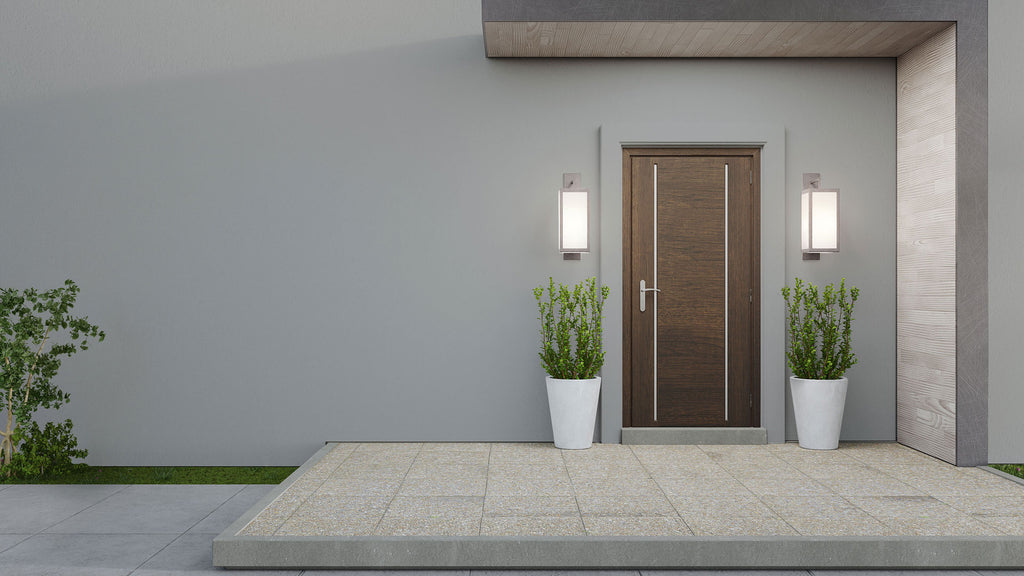 Modern exterior entrance space with brown door, plants and Grey color walls