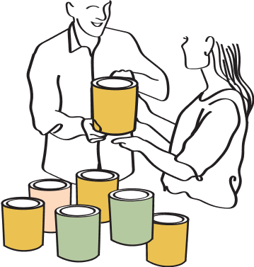 Illustration of two people and cans of paint