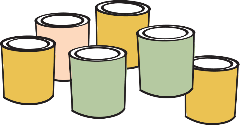 Illustration of six paint cans